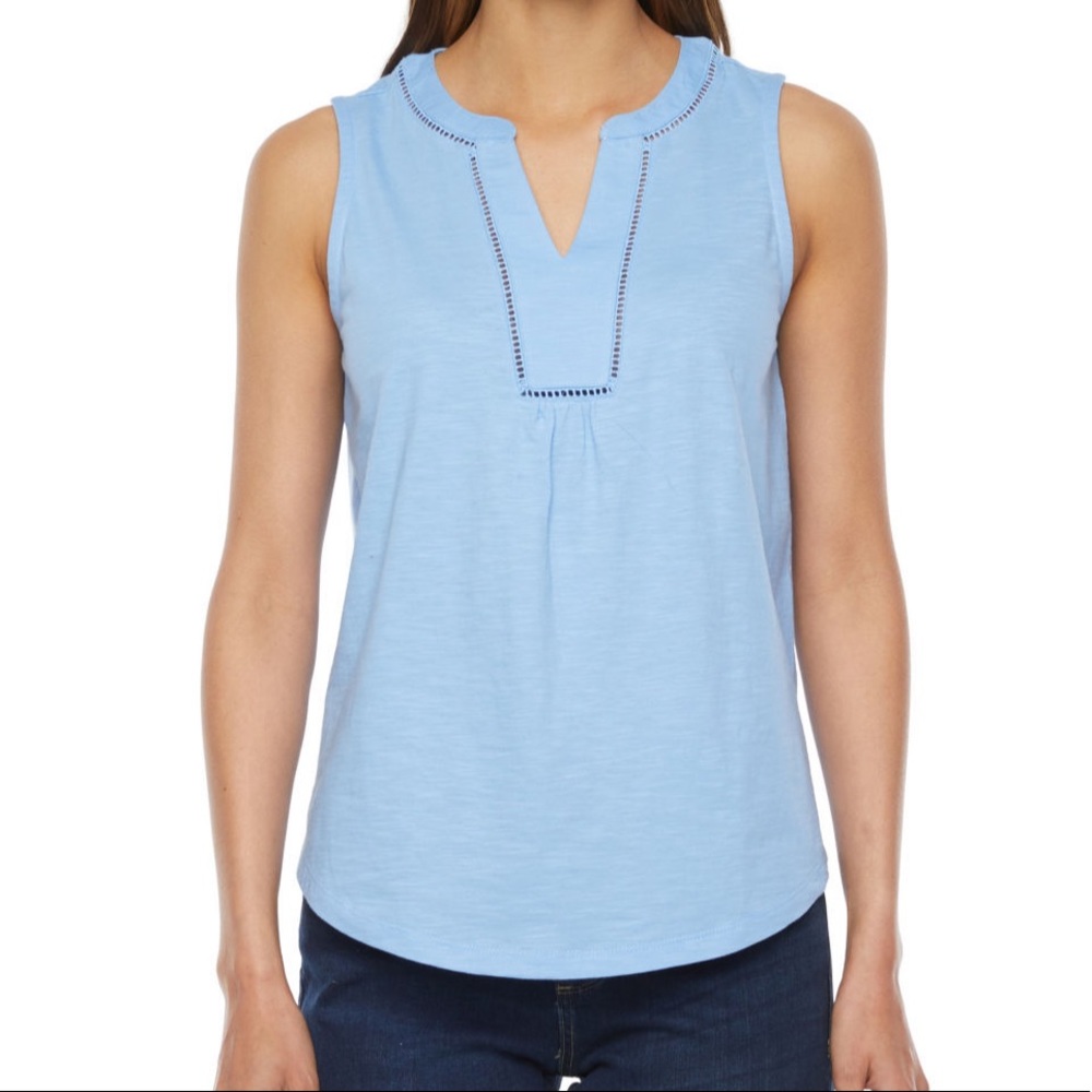St. John's Bay Split Crew Neck Sleeveless Tank Top Blue Size Petite XL NWT